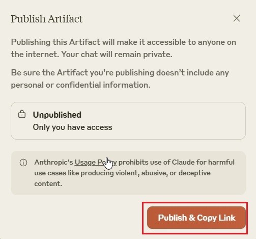 Cách chia sẻ Artifacts trên Claude, tập trung vào nút &quot;Publish&quot; và tùy chọn sao chép liên kết