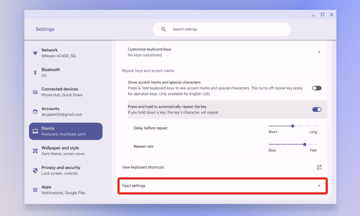 Cài đặt phương thức nhập trong trang cài đặt ChromeOS