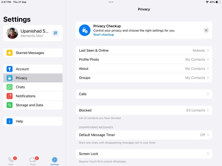 Cài đặt quyền riêng tư WhatsApp trên iPad