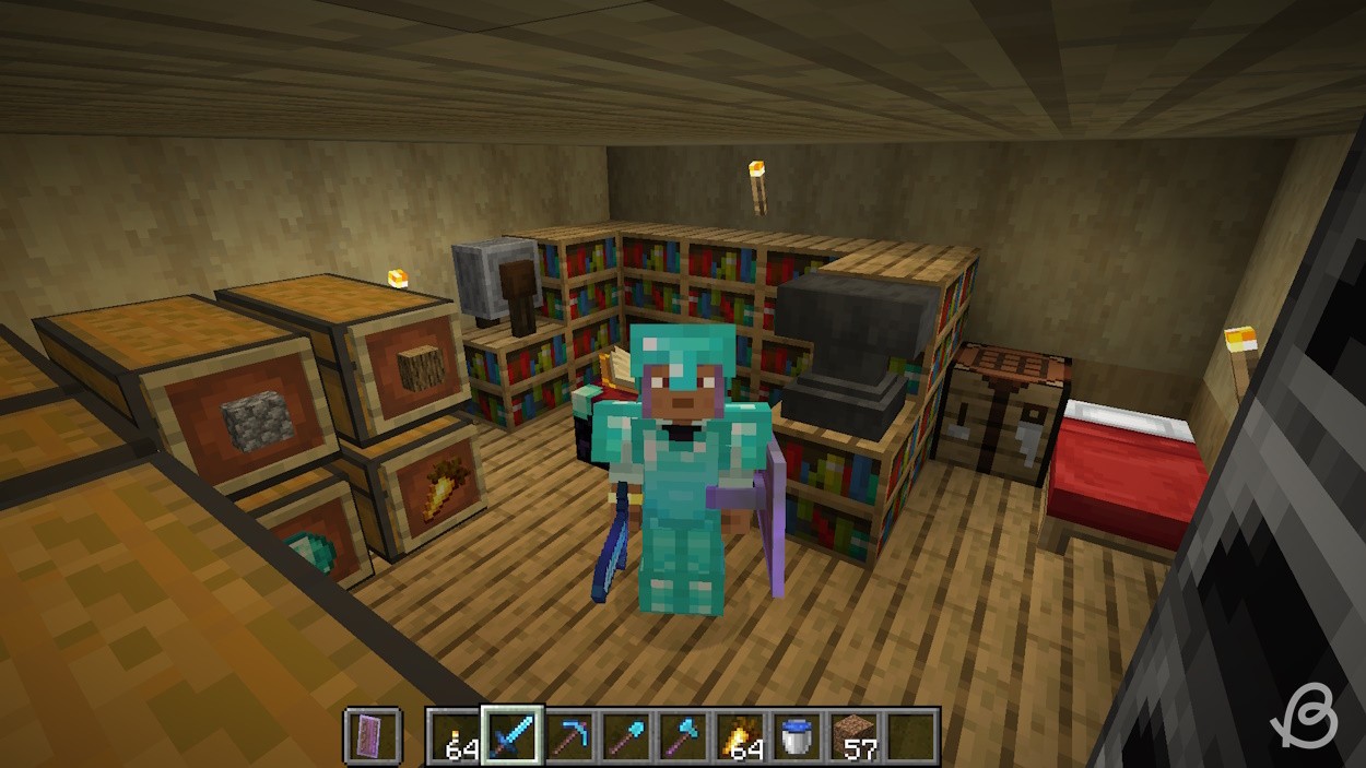 Căn cứ với hệ thống lưu trữ, bàn phù phép và các khối hữu ích khác trong Minecraft