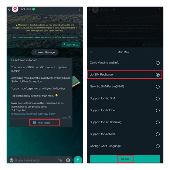 Hướng Dẫn Nạp Tiền Số Điện Thoại Jio Qua Chatbot JioCare Trên WhatsApp
