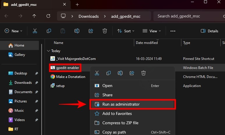 Chạy file với quyền quản trị viên trong Windows 11 Home