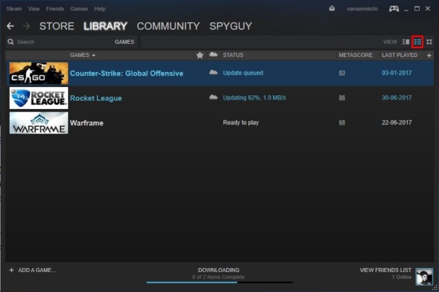 Chế độ xem danh sách trong Steam