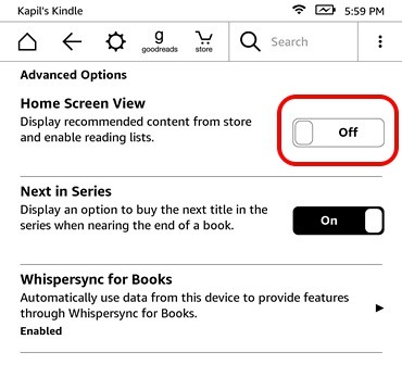 Chế độ xem màn hình chính Kindle