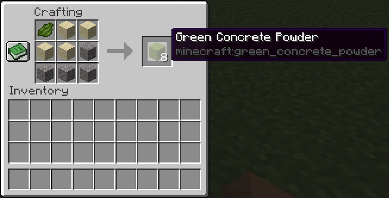 Chế tạo bột bê tông xanh lá cây bằng thuốc nhuộm xanh lá cây trong Minecraft