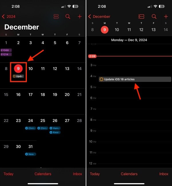 Chi tiết lời nhắc trên ứng dụng Lịch iOS 18