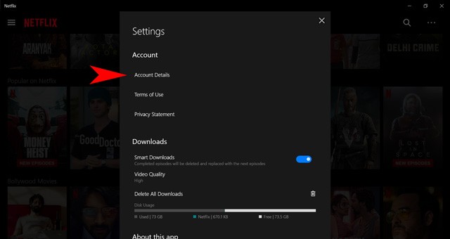 Chi tiết tài khoản trên ứng dụng Netflix Windows