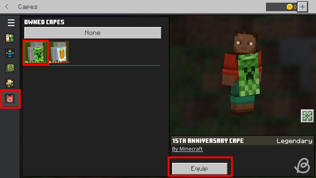 Chỉnh sửa nhân vật của bạn, chọn phần Capes, nhấp vào áo choàng Creeper và nút Equip