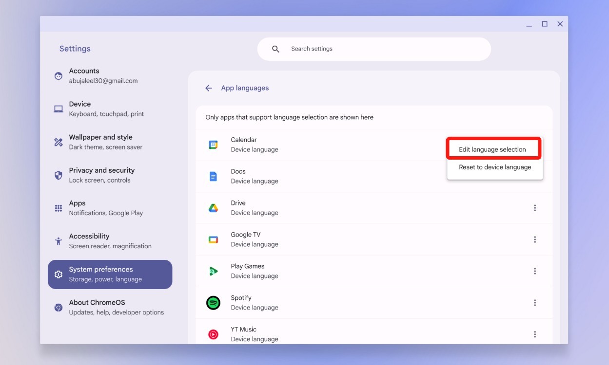 Chỉnh sửa tùy chọn ngôn ngữ trong cài đặt ChromeOS