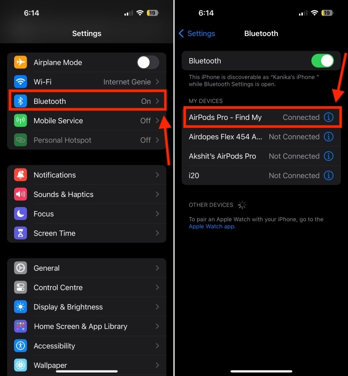 Chọn AirPods trong cài đặt Bluetooth trên iPhone