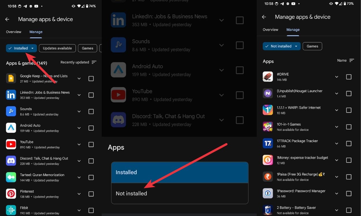 Chọn bộ lọc &quot;Chưa cài đặt&quot; để khôi phục ứng dụng đã xóa trên Android