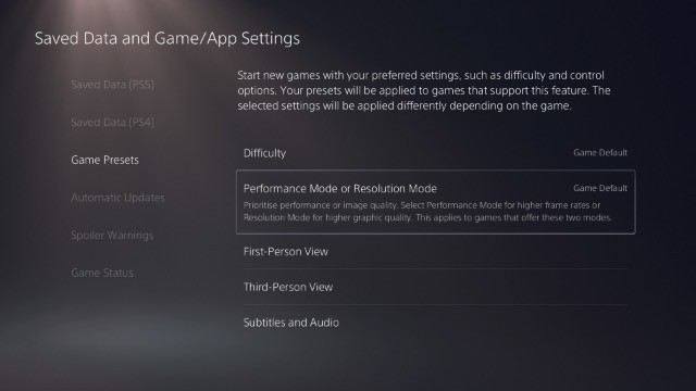 Chọn chế độ hiệu năng hoặc độ phân giải trong thiết lập game preset