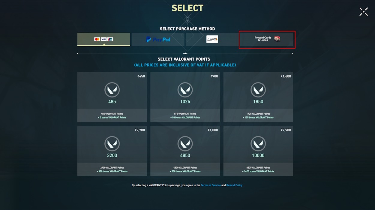Chọn mục Thẻ Trả Trước &amp; Mã Code trong Valorant
