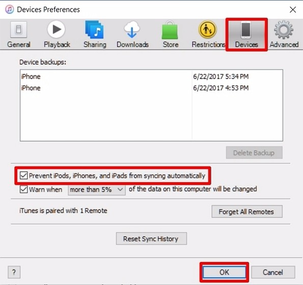 Chọn &quot;Prevent iPods, iPhones, and iPads from syncing automatically&quot; để tắt đồng bộ hóa tự động trên toàn hệ thống.