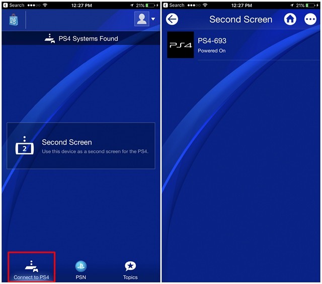 Chọn Second Screen (Màn hình thứ hai) để tìm và kết nối với PS4