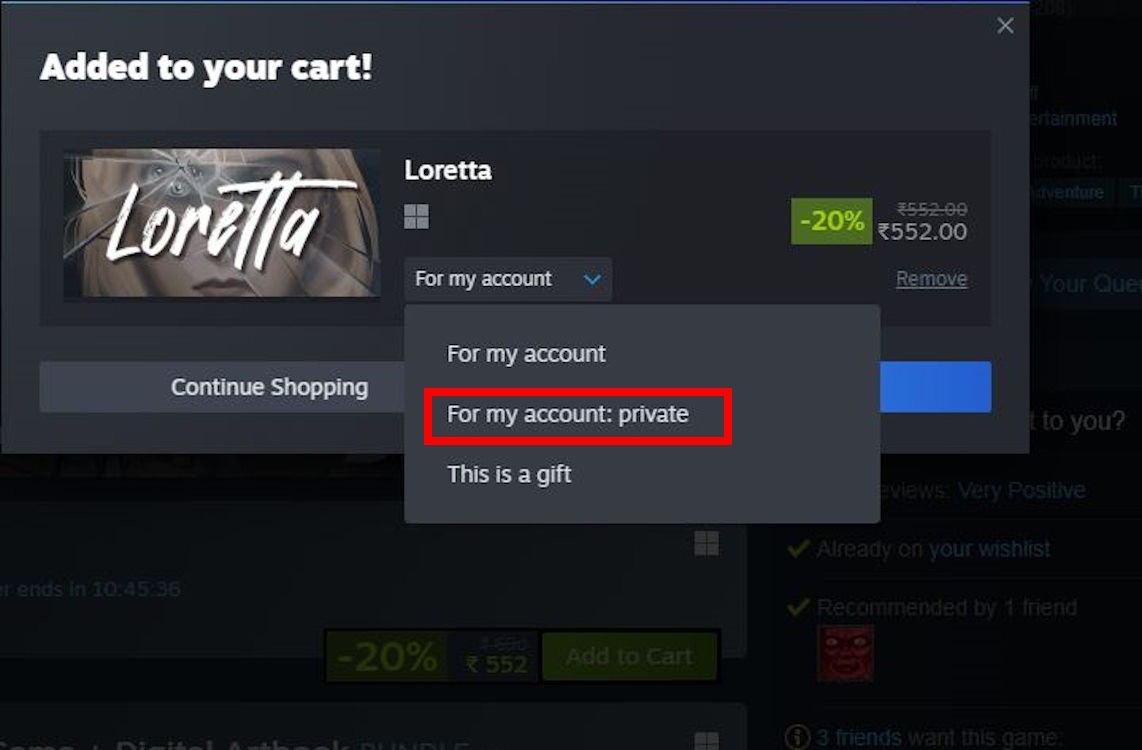 Chọn tùy chọn &quot;for my account: private&quot; để mua và ẩn game