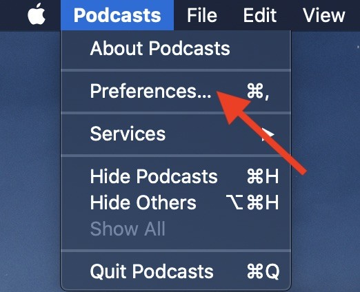 Chọn Tùy chọn trong menu Podcasts