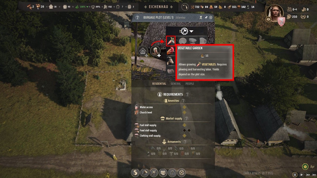 Chọn tùy chọn xây dựng vườn rau trong Manor Lords