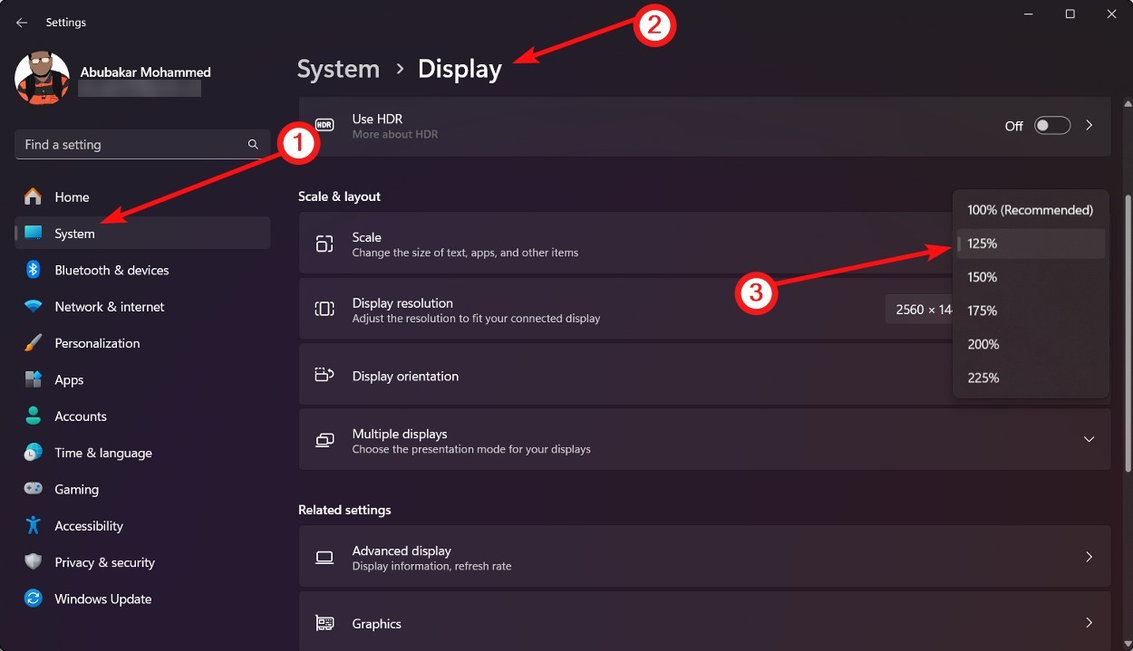 Chọn tỷ lệ hiển thị mong muốn để thay đổi kích thước giao diện Windows