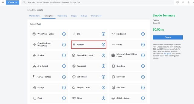 Chọn ứng dụng Valheim trên Linode Marketplace
