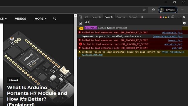 Chụp ảnh toàn trang bằng lệnh full trong Chrome DevTools