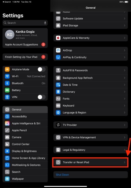 Chuyển hoặc Đặt lại iPad
