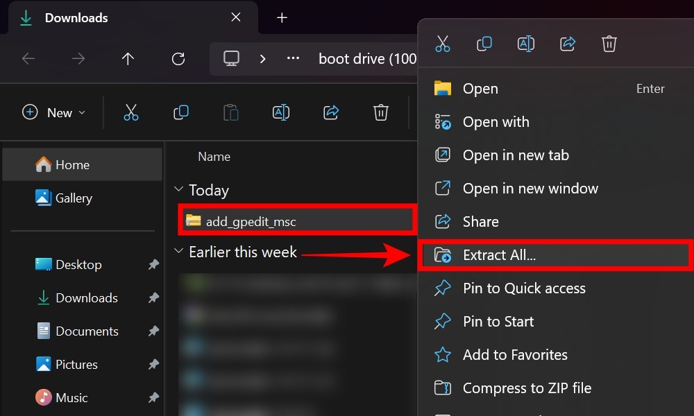 Click chuột phải để giải nén file trên Windows 11