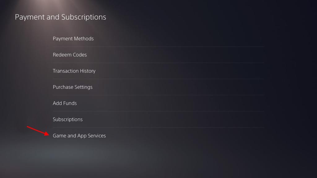 click vào game và app services trên trang payments và subscriptions trên ps5 settings