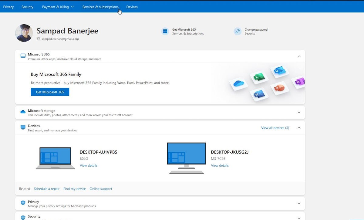 Click vào trang subscription trên trang Microsoft