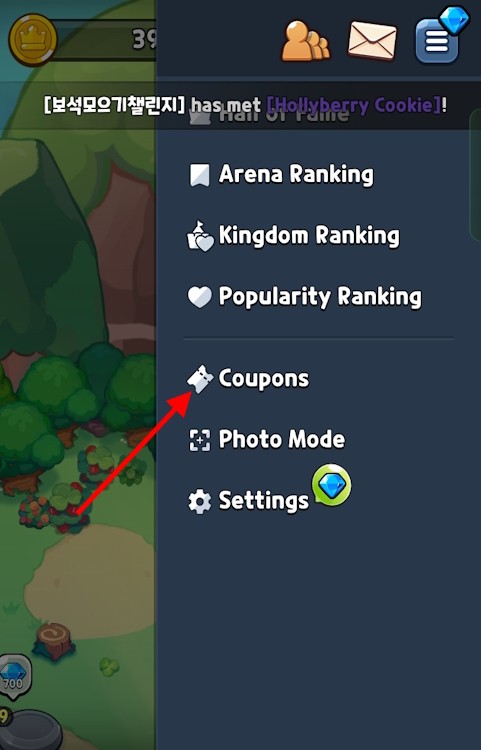 Code Coupon option in Cookie Run Kingdom