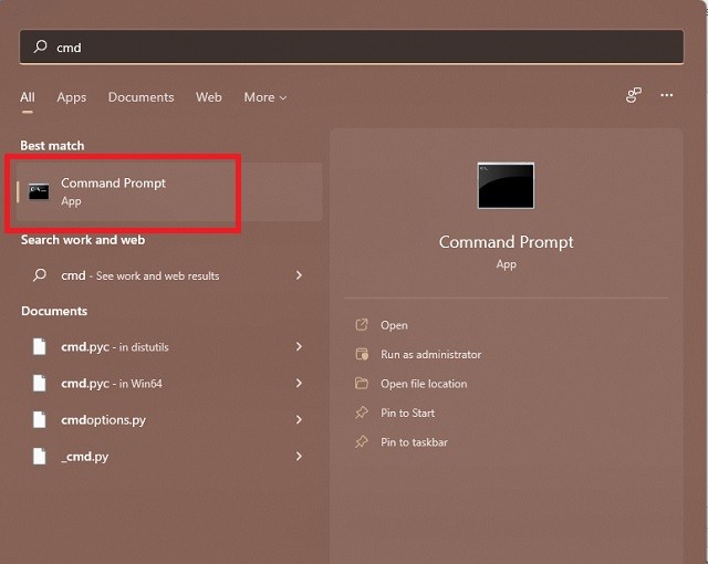 Command Prompt in start menu