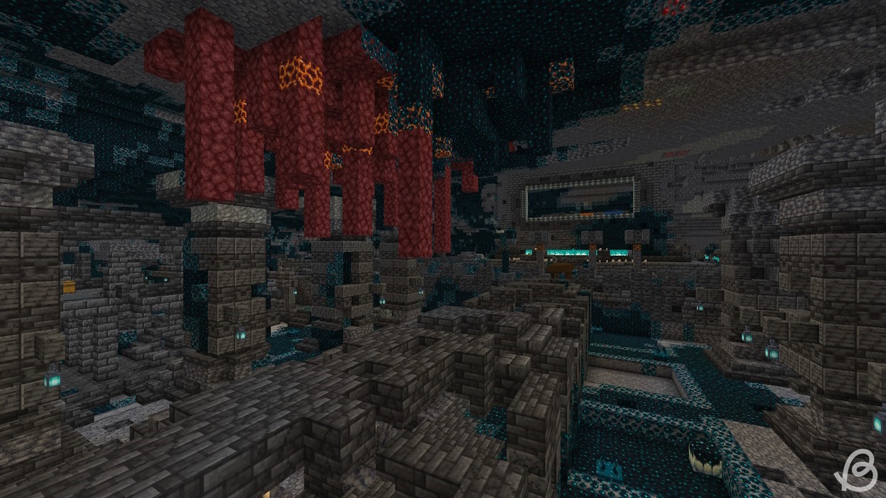 Cổng nether bị phá hủy được tạo ra chồng lên một thành phố cổ đại trong seed Minecraft sinh tồn này