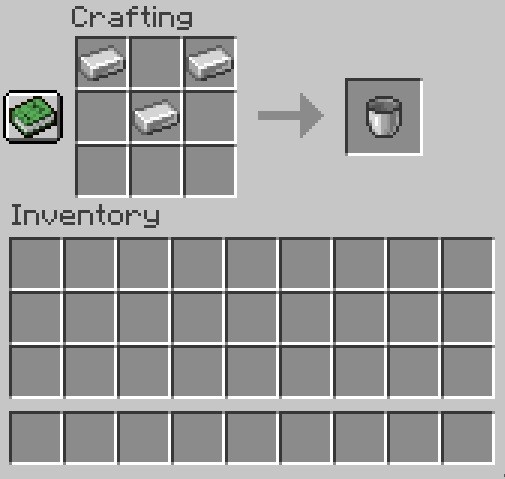 Công thức chế tạo xô (bucket) trong Minecraft, dùng để chứa nước hoặc dung nham