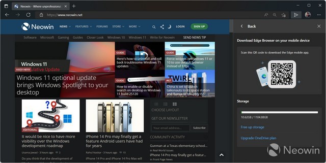 Cửa sổ overlay của tính năng Drop trong Microsoft Edge