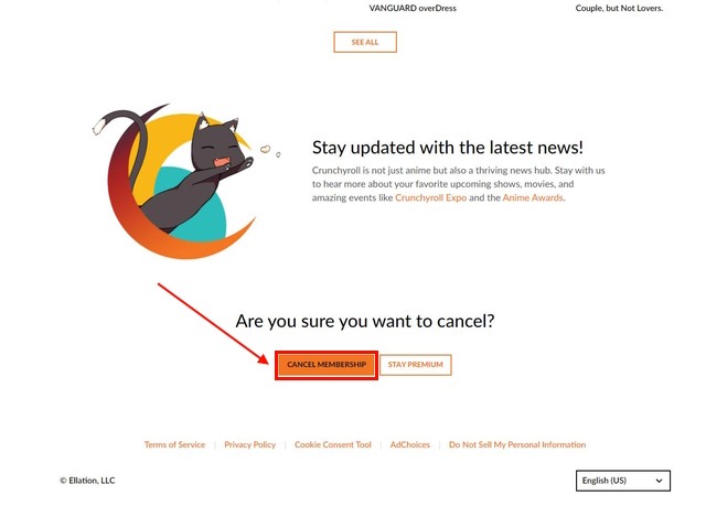 Cửa sổ xác nhận hủy tư cách thành viên Crunchyroll