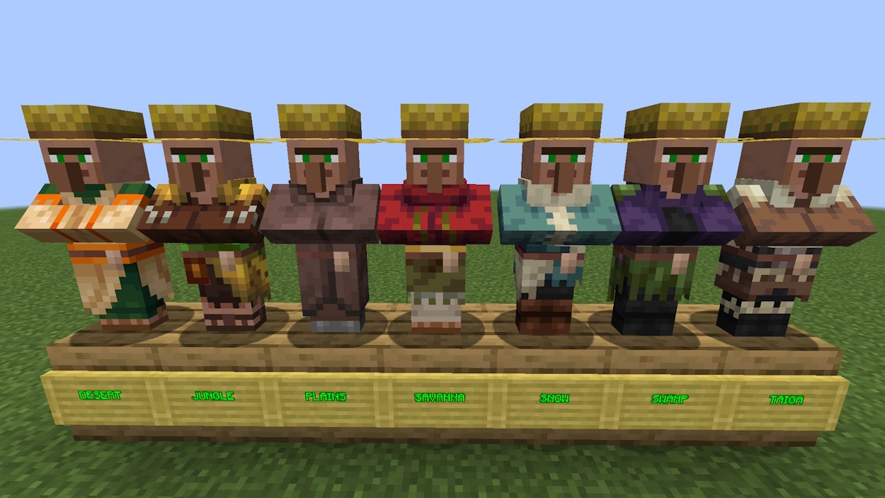 Dân làng nông dân từ các quần xã khác nhau trong Minecraft