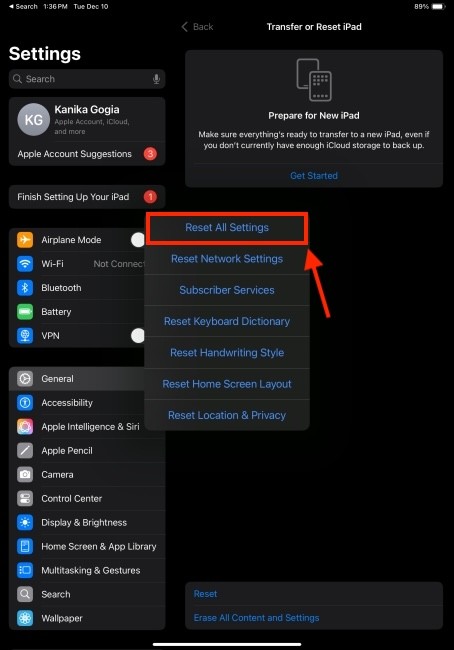 Đặt lại Tất cả Cài đặt trên iPad