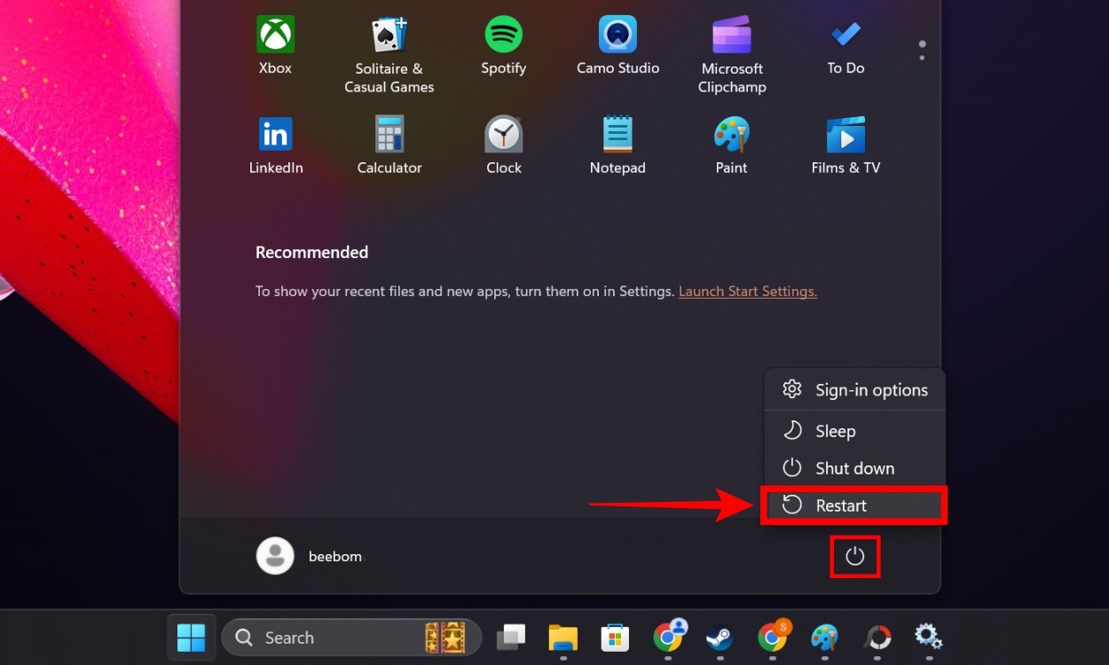 Để khởi động lại máy tính trong Windows 11, click vào nút Windows trên thanh taskbar, sau đó chọn nút Nguồn và click vào nút Khởi động lại