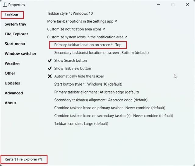 Di chuyển Taskbar lên trên cùng trên Windows 11 với ExplorerPatcher