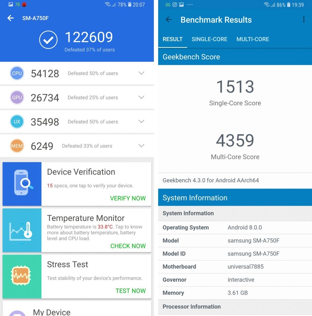 Điểm benchmark AnTuTu và Geekbench của Samsung Galaxy A7 (2018)