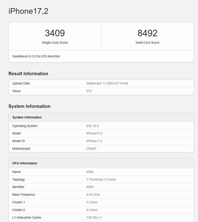 Điểm Geekbench của A18 Pro