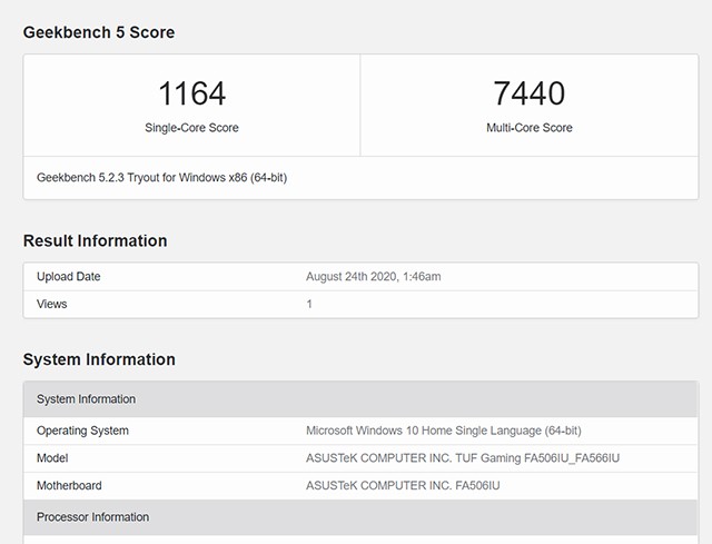 Điểm Geekbench của Asus TUF Gaming A15 2025