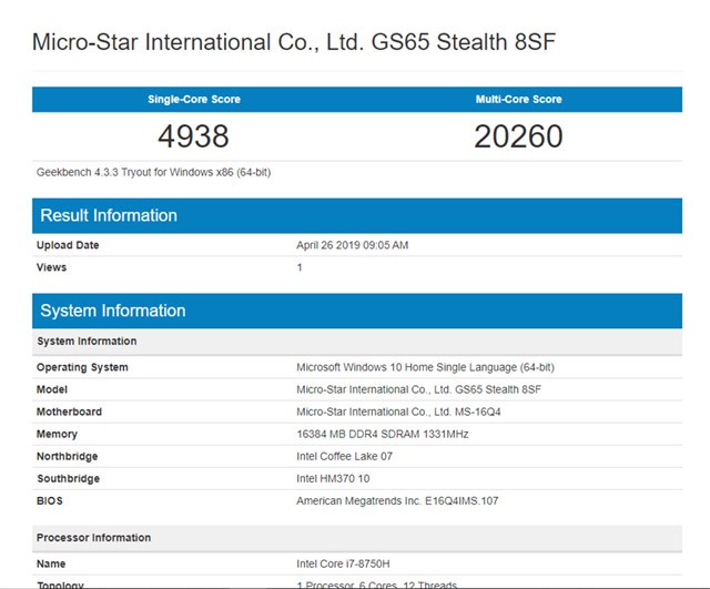 Điểm Geekbench của MSI GS65 Stealth
