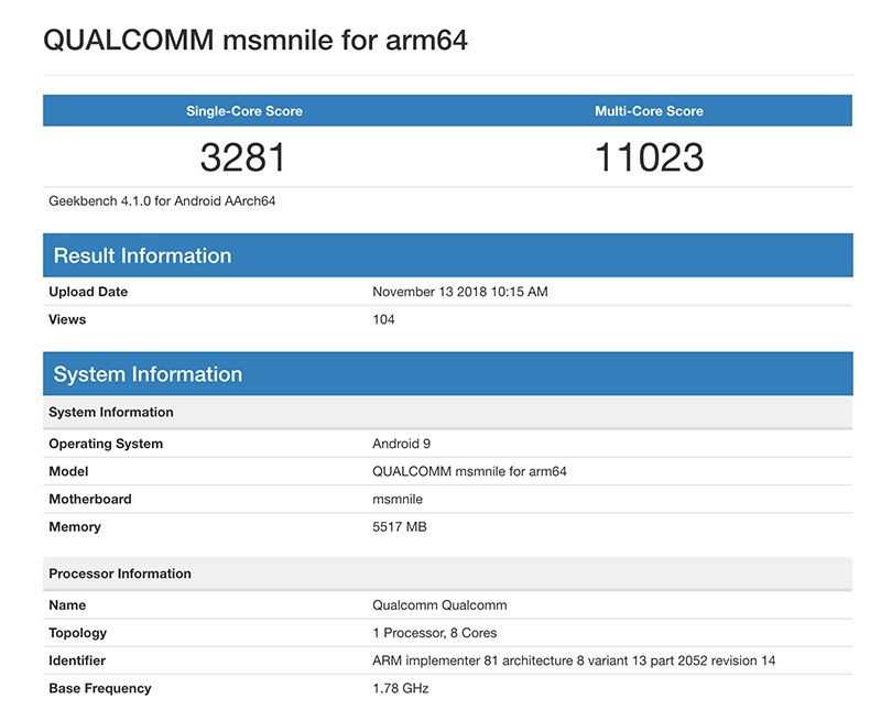 Điểm số Geekbench của Snapdragon 8150