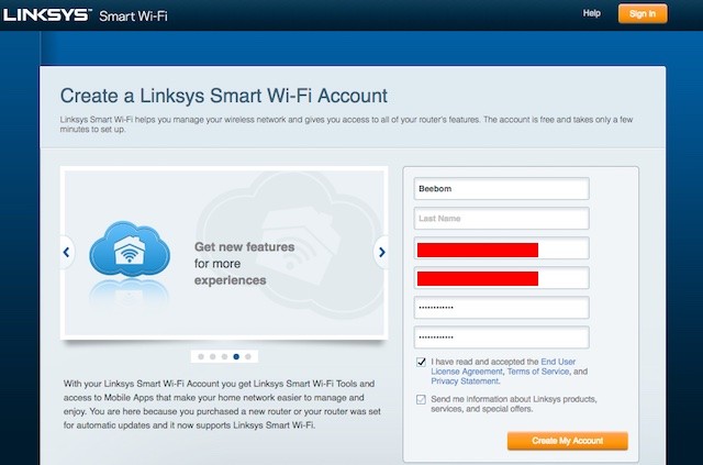 Điền thông tin vào biểu mẫu Linksys