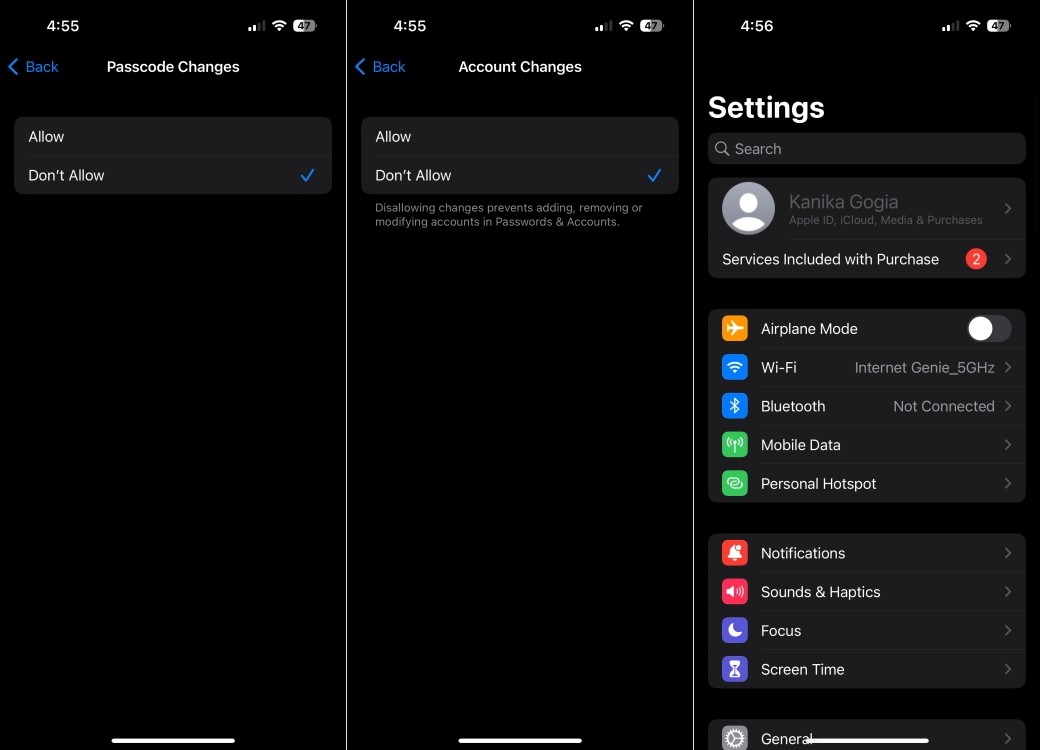 Disable Password and Account Changes on iPhone