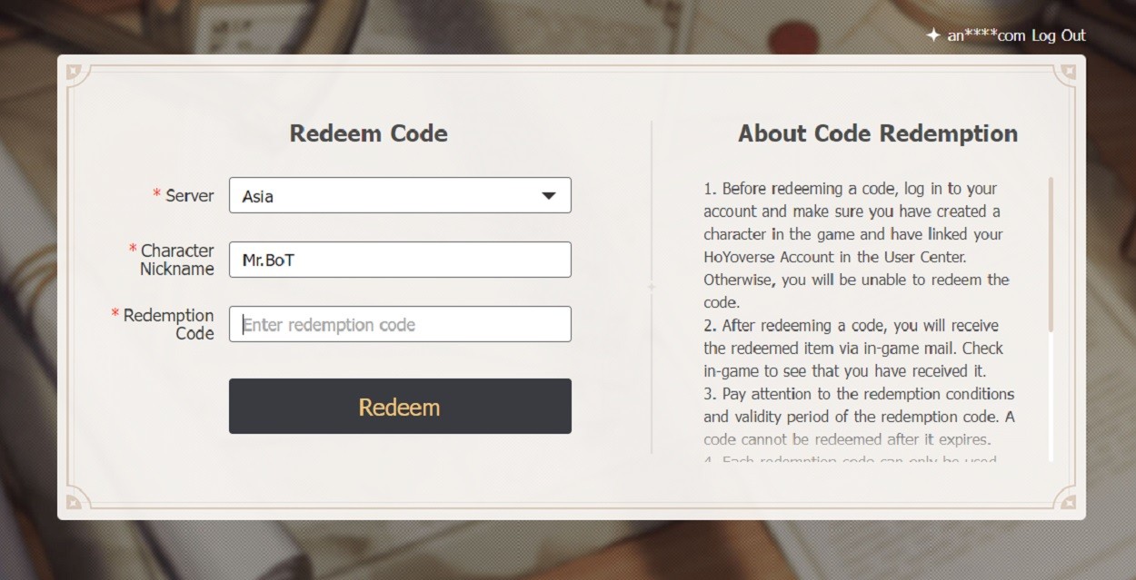 Đổi code Genshin Impact trên website