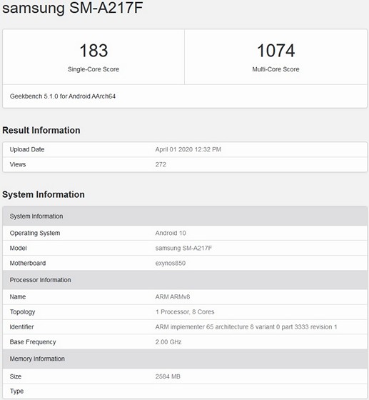 Rò Rỉ Galaxy A21s Trên Geekbench Với Exynos 850 SoC, RAM 3GB