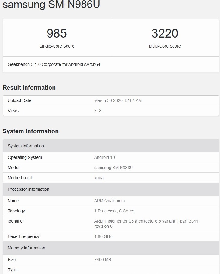 Rò Rỉ Galaxy Note 20+: Snapdragon 865+ và 8GB RAM Xuất Hiện Trên Geekbench?