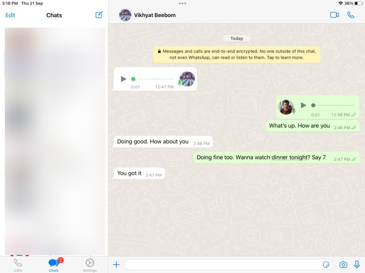 Giao diện chat WhatsApp trên iPad